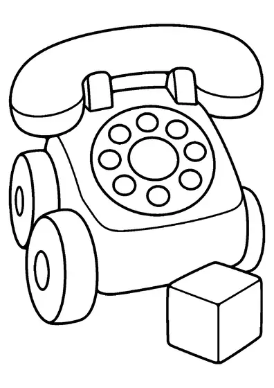 Chunky toy telephone with a handset on top, a round dial with eight finger holes and big wheels, next to a cube block