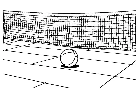 Una pelota de tenis está en la pista bajo la red, entre las líneas del campo, en un dibujo deportivo para colorear.