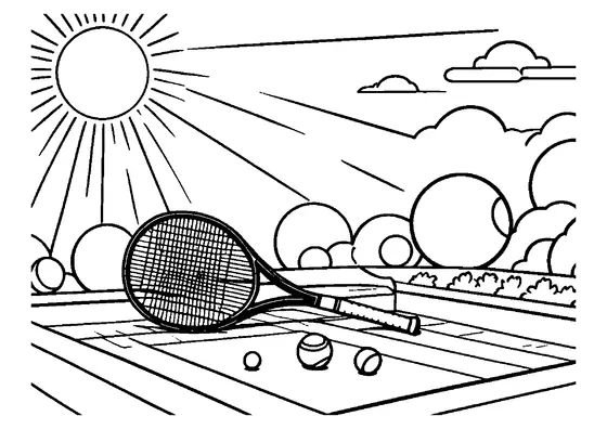 Una raqueta de tenis sobre la pista junto a varias pelotas y bajo un sol brillante, en un dibujo sencillo con amplias zonas para colorear.