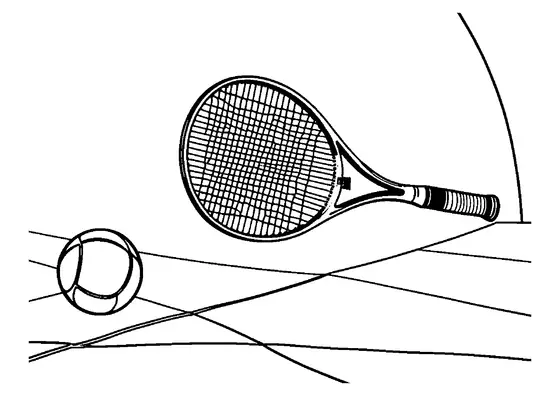 Una raqueta y una pelota de tenis con dinámicas estelas de viento sobre un fondo limpio ofrecen grandes espacios para colorear.