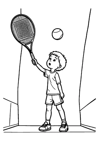 Un joven tenista sostiene la raqueta y mira hacia una pelota elevada, con contornos sencillos y definidos para colorear.
