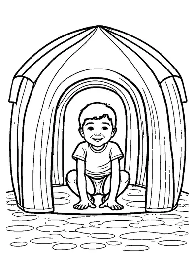 Um menino sorridente está a agachar-se dentro de uma casa macia de espuma com um arco duplo, e o chão e as paredes criam grandes áreas para colorir.