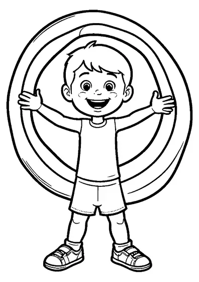 Un niño sonriente abre los brazos delante de un gran aro de gimnasia, en un dibujo de contornos limpios para colorear.
