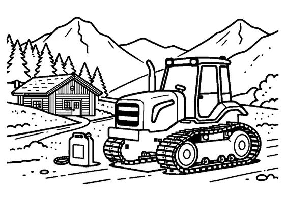 Un trattore cingolato su uno spiazzo sabbioso davanti a un rifugio di montagna.