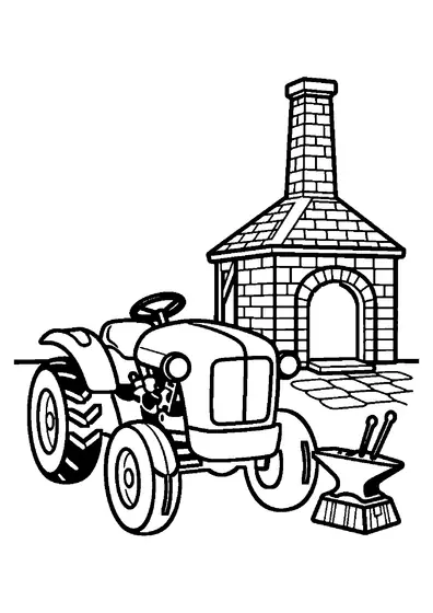 Vieux tracteur garé devant une forge de village, avec une enclume posée sur une souche en bois.