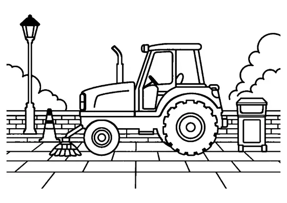 Tracteur municipal avec balayeuse nettoyant une place de ville à côté d'un plot de signalisation.