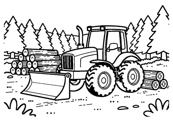 Tracteur forestier lourd avec arceau de protection et treuil à câble entouré de souches coupées.
