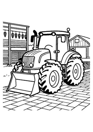 A tractor with a work platform between hop trellises, a drying oast house, and farm gates.