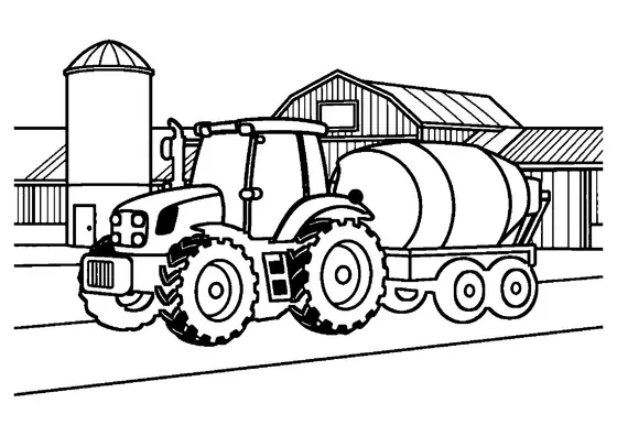 Un tractor con remolque mezclador de pienso frente al establo y los silos de una granja lechera.