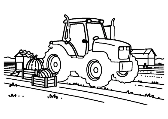 Großer Traktor mit einer Kiste voller Wassermelonen auf einem Melonenfeld.