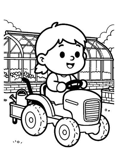 Ein kleiner Gartentraktor zieht im Gewächshaus einen Wagen mit jungen Pflanzen.