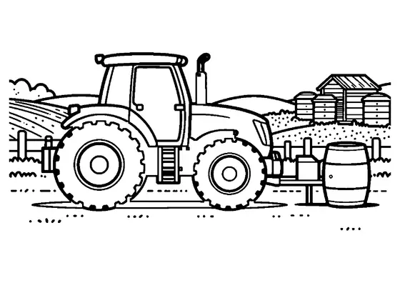 A tractor with a tank barrel and trailer next to beehives, a shed, and wildflower strips.