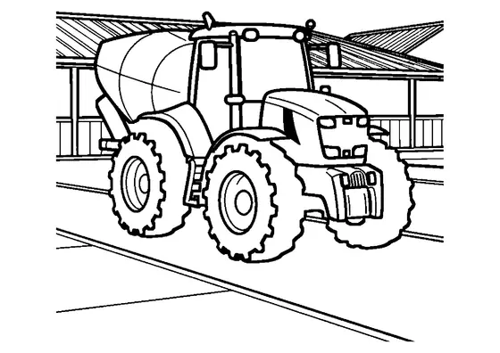 A tractor with a feed wagon parked near a cattle barn, concrete pens, and a feeding fence.