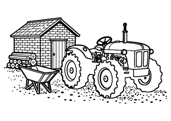 Ein Oldtimer-Traktor steht auf dem Hof neben einer Räucherhütte und gestapeltem Brennholz.