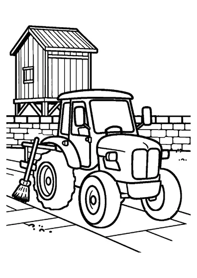 Un tracteur classique garé dans une cour devant une grange en bois traditionnelle.