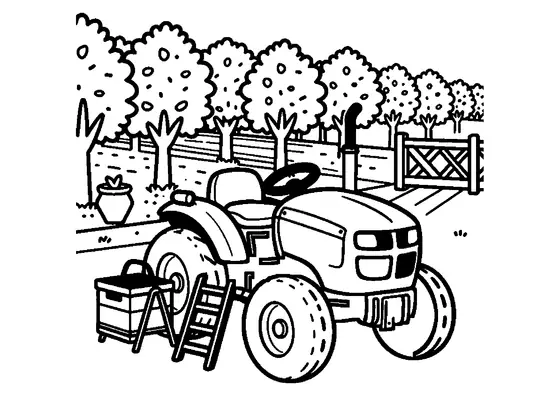Un petit tracteur fruitier garé dans une allée entre des figuiers.