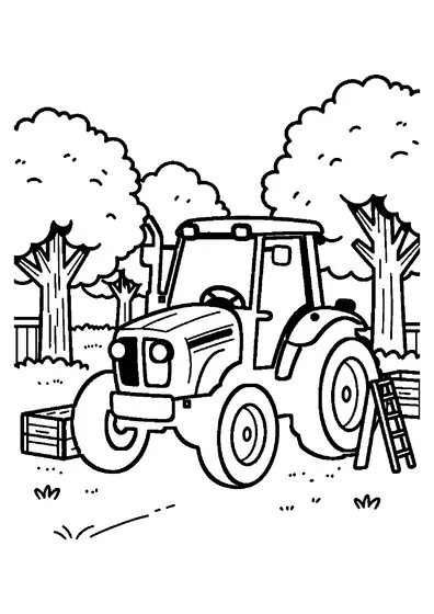 Tracteur fruitier étroit dans une cerisaie avec des caisses pour les fruits.