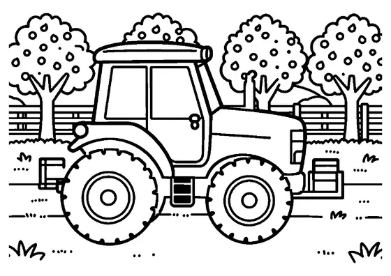 Un tractor frutero transportando cajas de recolección entre perales florecidos.