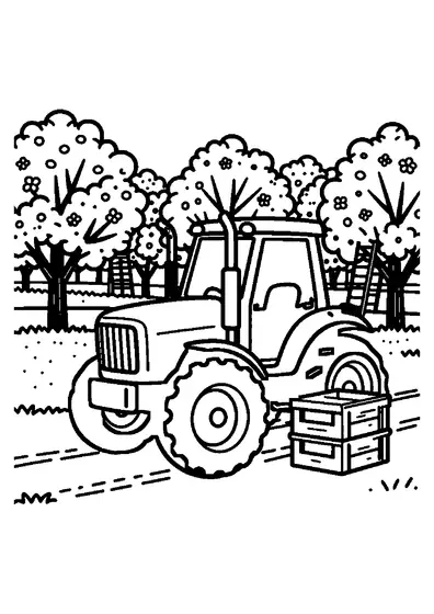 Tracteur fruitier étroit avec élévateur mécanique au milieu d'arbres d'abricotiers en fleurs.