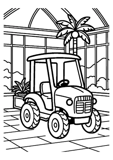 Un pequeño tractor de jardín estacionado dentro de un invernadero luminoso junto a plantas exóticas.