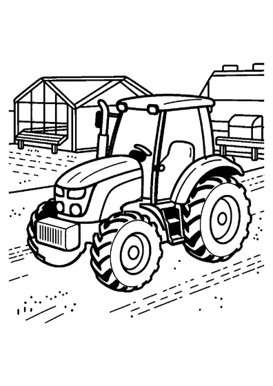 A small tractor with a pot carrier platform next to a plant nursery, shed, and water tanks.