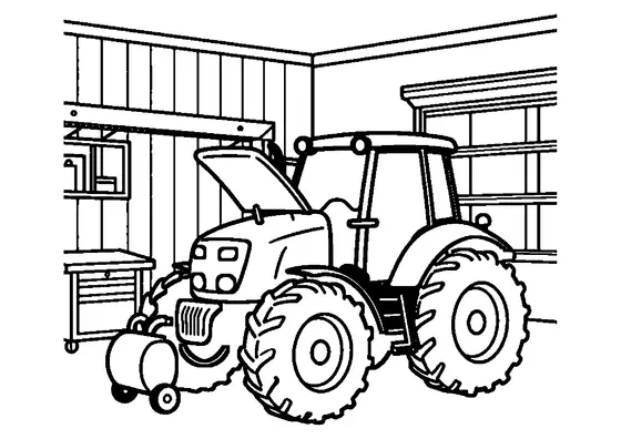 Un tractor en el taller junto a un gran carro de herramientas y una rueda de repuesto.