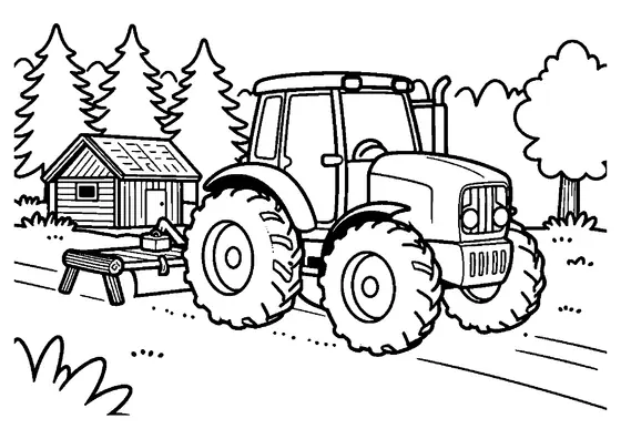 Tracteur agricole avec herses à disques en bordure d'une forêt de conifères.