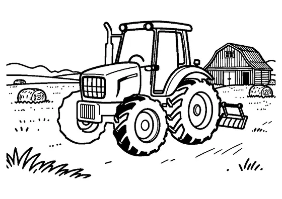 Un tractor agrícola arrastrando un rastrillo hilerador que junta la hierba cortada en el prado.