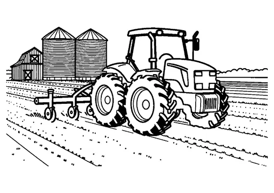 Un tractor potente con arado desfondador junto a silos de acero para colorear.