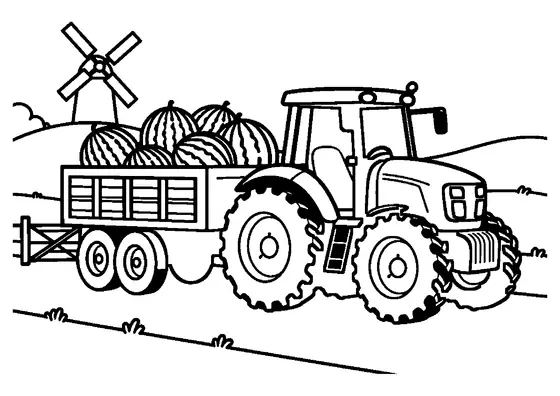 Un tractor agrícola remolcando un carro lleno de sandías maduras por un camino rural.