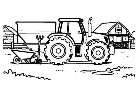 Tracteur avec un épandeur attelé dans la cour d'une ferme traditionnelle.