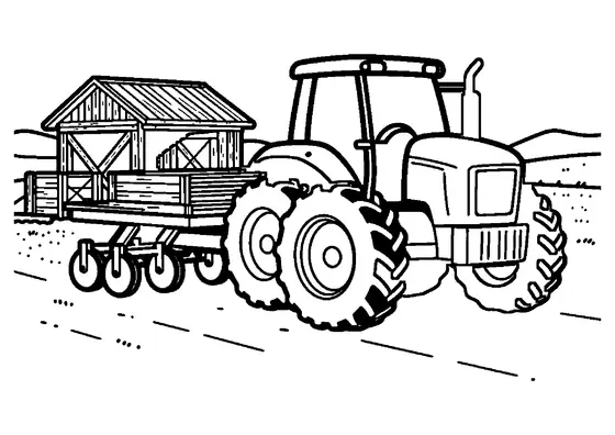 Traktor mit Kartoffellegemaschine auf einem Feld neben einer ländlichen Tischlerei als Ausmalbild.