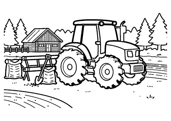 Tracteur équipé d'un semoir moderne arrêté en lisière de forêt, près d'une maison forestière.