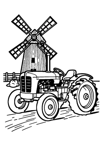 Vieux tracteur aux roues en fer devant un moulin à vent en bois.