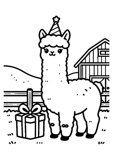 O alpaca pufoasă, cu gât lung, stă lângă o cutie de cadou într-un țarc împrejmuit de la fermă.
