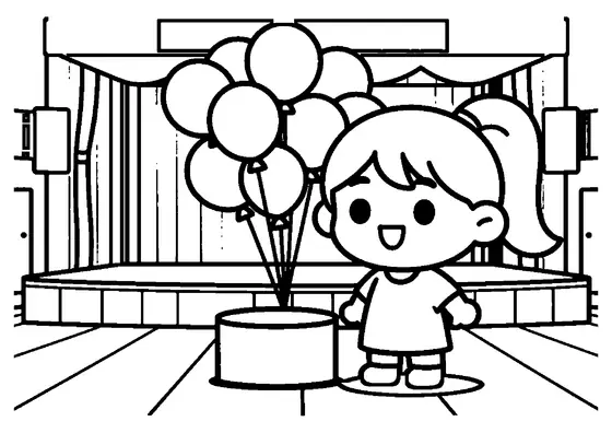 A girl with a ponytail standing beside a large bunch of balloons in a spacious birthday party room.