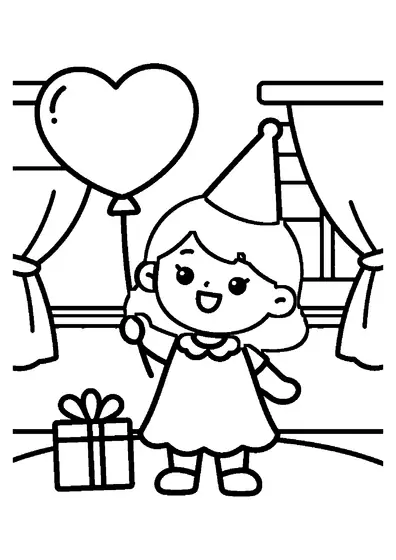 O fată într-o rochie amplă ține un balon mare în formă de inimă și poartă un coif conic de petrecere.