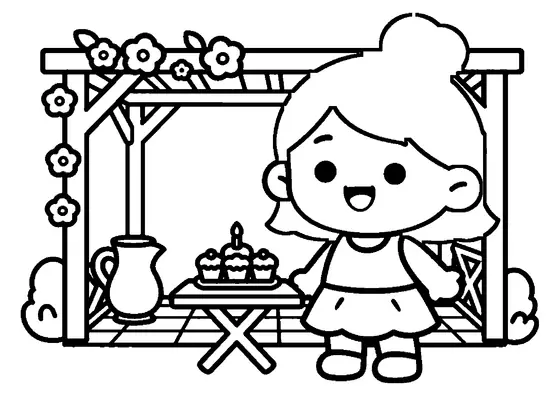 Une petite fille coiffée d’un joli chignon tient un cupcake d’anniversaire près d’une tonnelle en bois.