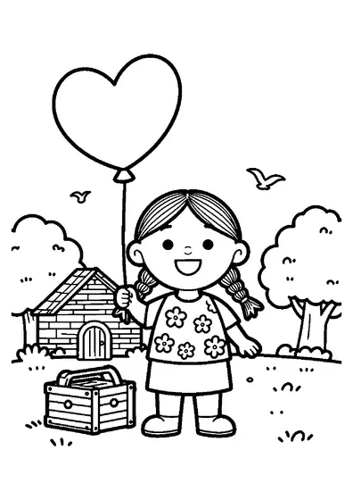 O fetiță ține un balon în formă de inimă și stă lângă un adăpost împletit din ramuri vii de salcie.