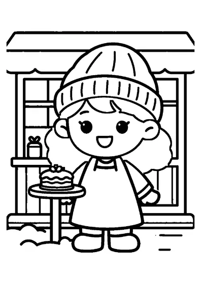 O fată duce un tort aniversar în fața unei cafenele primitoare, într-o zi de iarnă cu zăpadă.