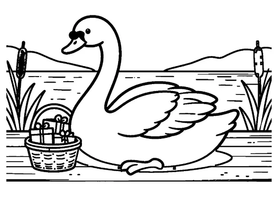 Un elegante cisne nada junto a un embarcadero con una cesta llena de regalos de cumpleaños envueltos.
