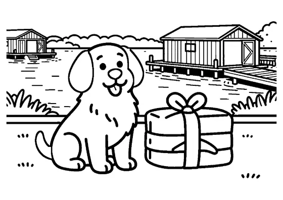 Ein fröhlicher Hund sitzt bei einem Geschenk und Luftballons auf den Holzdielen eines Bootsschuppens am Fluss.
