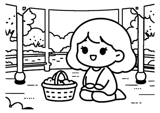 A curly-haired girl kneeling beside a cake and picnic basket under a park gazebo.