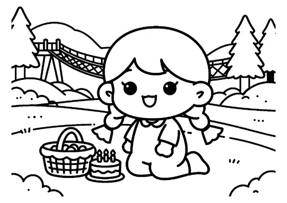 A girl with a birthday cake and picnic basket at an autumn ropes course.