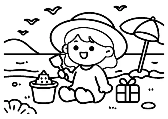 Una niña con sombrero de paja construye un castillo de arena junto a un regalo de cumpleaños en la playa.