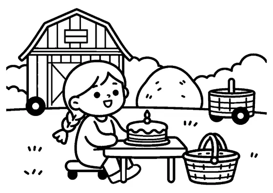 A girl with a braid sits beside a birthday cake and a basket in a farmyard.