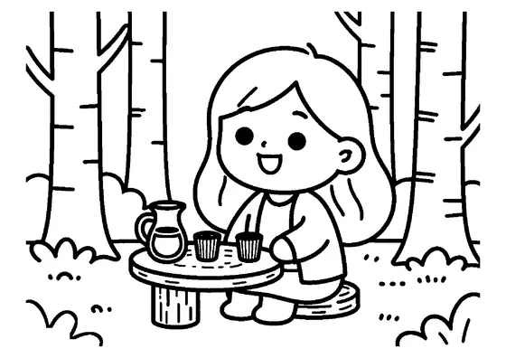Una niña de pelo largo y ondulado sentada a una mesa con una bebida de cumpleaños en un tranquilo claro del bosque.