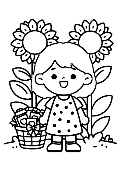 Una niña con un bonito corte de pelo a la altura de la barbilla sostiene un adorno de cumpleaños con globos en un jardín de girasoles.