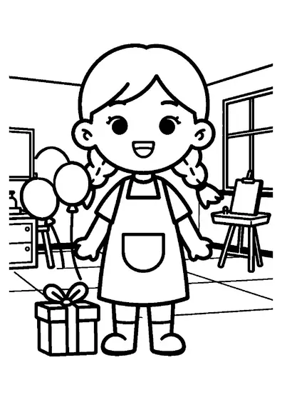 Ein lächelndes Mädchen mit Geschenk und Luftballons steht im Kunstraum einer Schule.