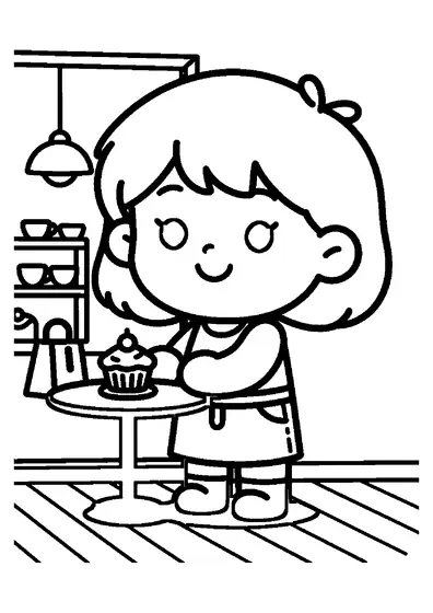 Ein Mädchen steht in einem Café neben einem Tisch mit einer Etagere voller Cupcakes.